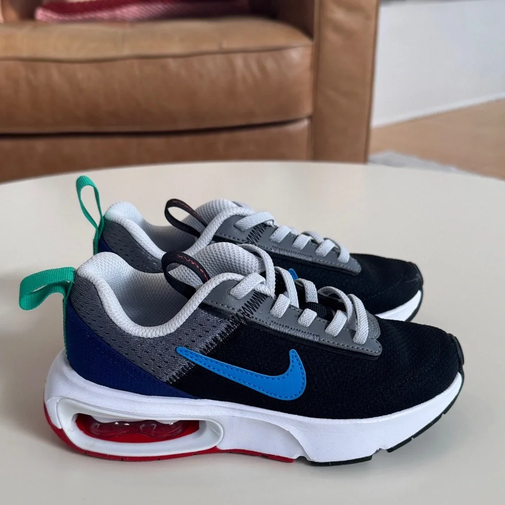 Nike Kids Black Blue Gray Sneakers with Red Air Detail